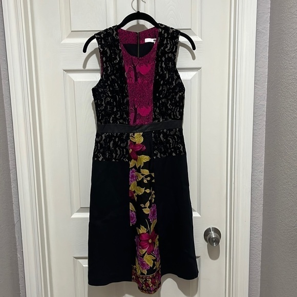 Tracy Reese Mixed Media Stretch A Line Black Pink Floral Dress Size 4 - Picture 1 of 7